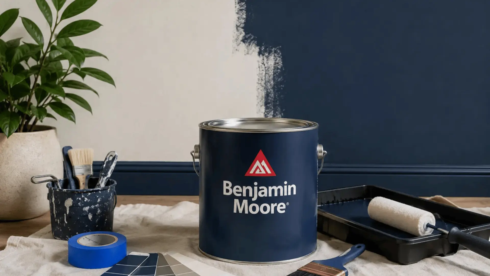 benjamin moore paint can with color swatches roller and brush beside a navy blue accent wall
