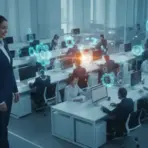 Professional woman in suit observing digital interface in modern office with busy employees