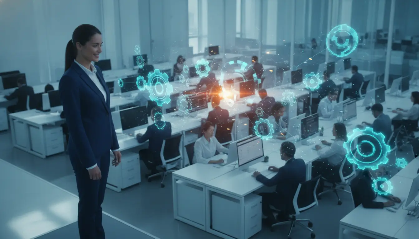 Professional woman in suit observing digital interface in modern office with busy employees