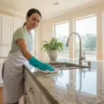Woman cleaning granite countertop in bright kitchen with large windows and houseplant