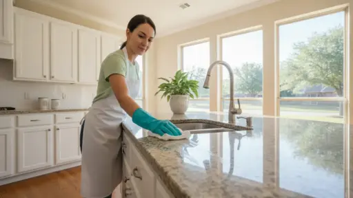 Woman cleaning granite countertop in bright kitchen with large windows and houseplant