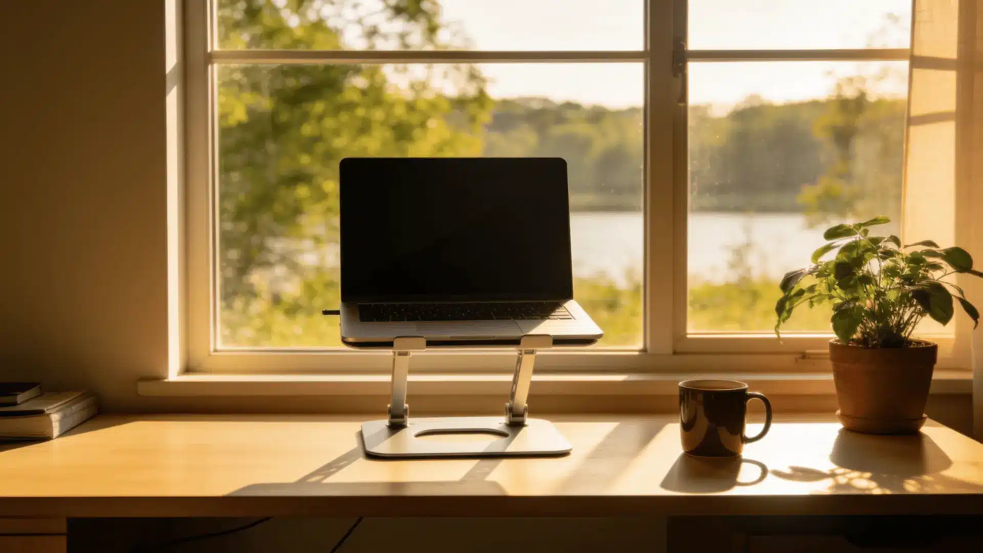 home office desk with a standing converter placed perfectly in front of a large window with soft natural sunlight pouring in