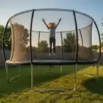 Child jumping on trampoline in backyard under clear sky with wooden fence and trees