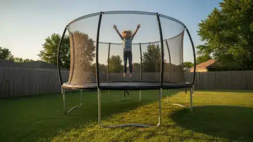 Child jumping on trampoline in backyard under clear sky with wooden fence and trees