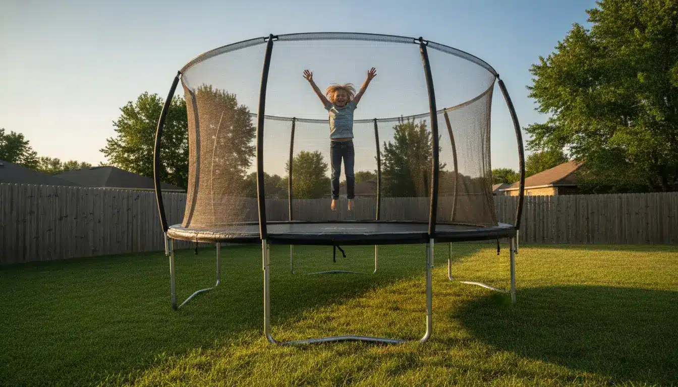 Child jumping on trampoline in backyard under clear sky with wooden fence and trees
