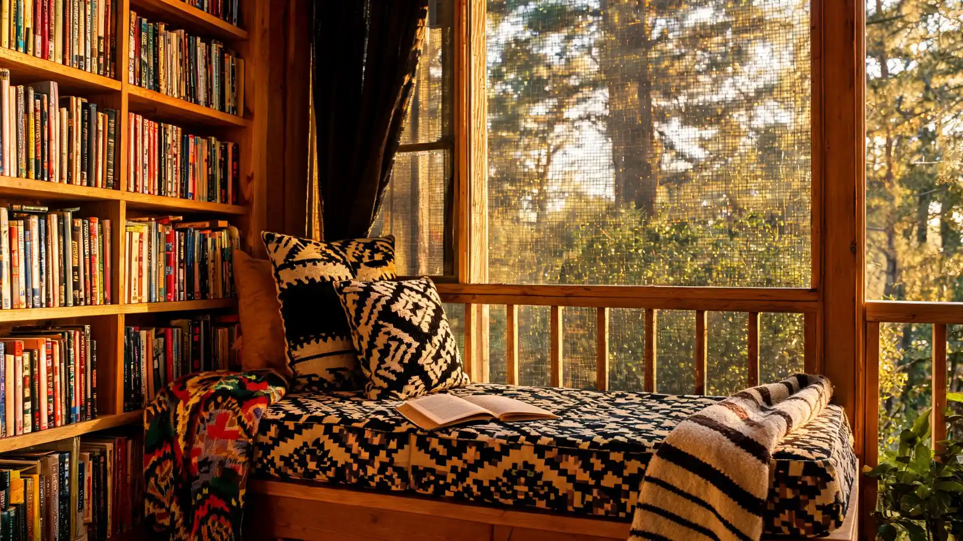 built-in window seat with geometric pattern cushion and open book beside floor-to-ceiling pine bookshelves
