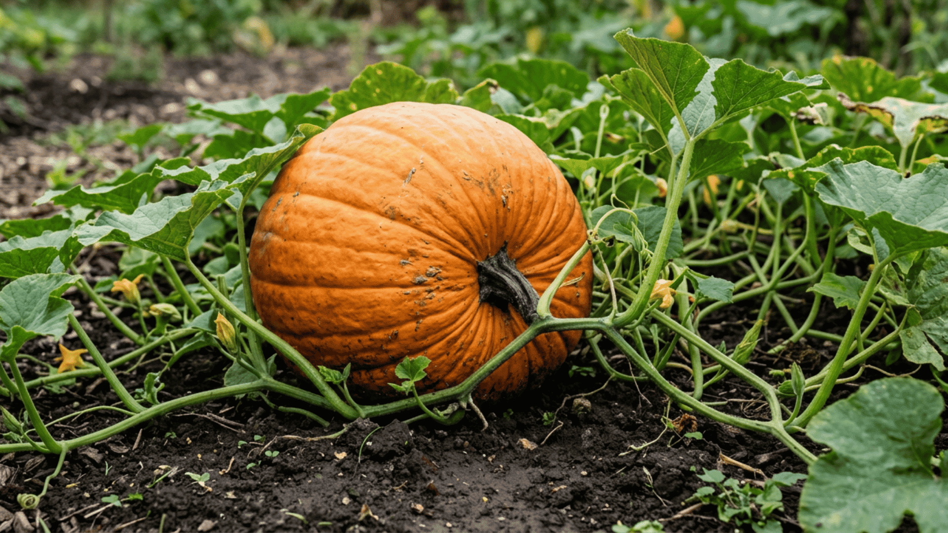 big max pumpkin growing on dark garden soil surrounded by green vines curling tendrils