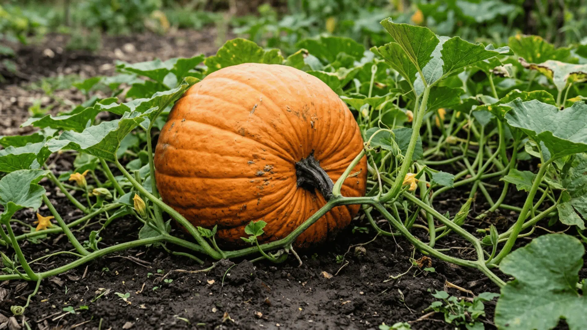 big max pumpkin growing on dark garden soil surrounded by green vines curling tendrils