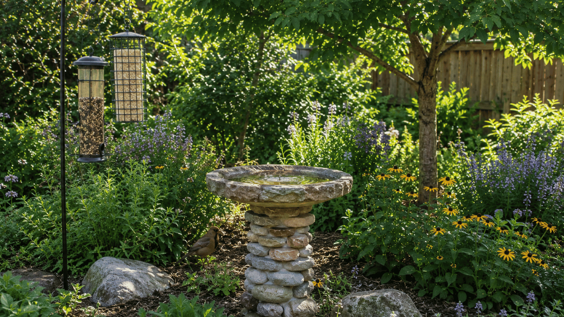 bird friendly garden with native shrubs water feature and berry producing plants