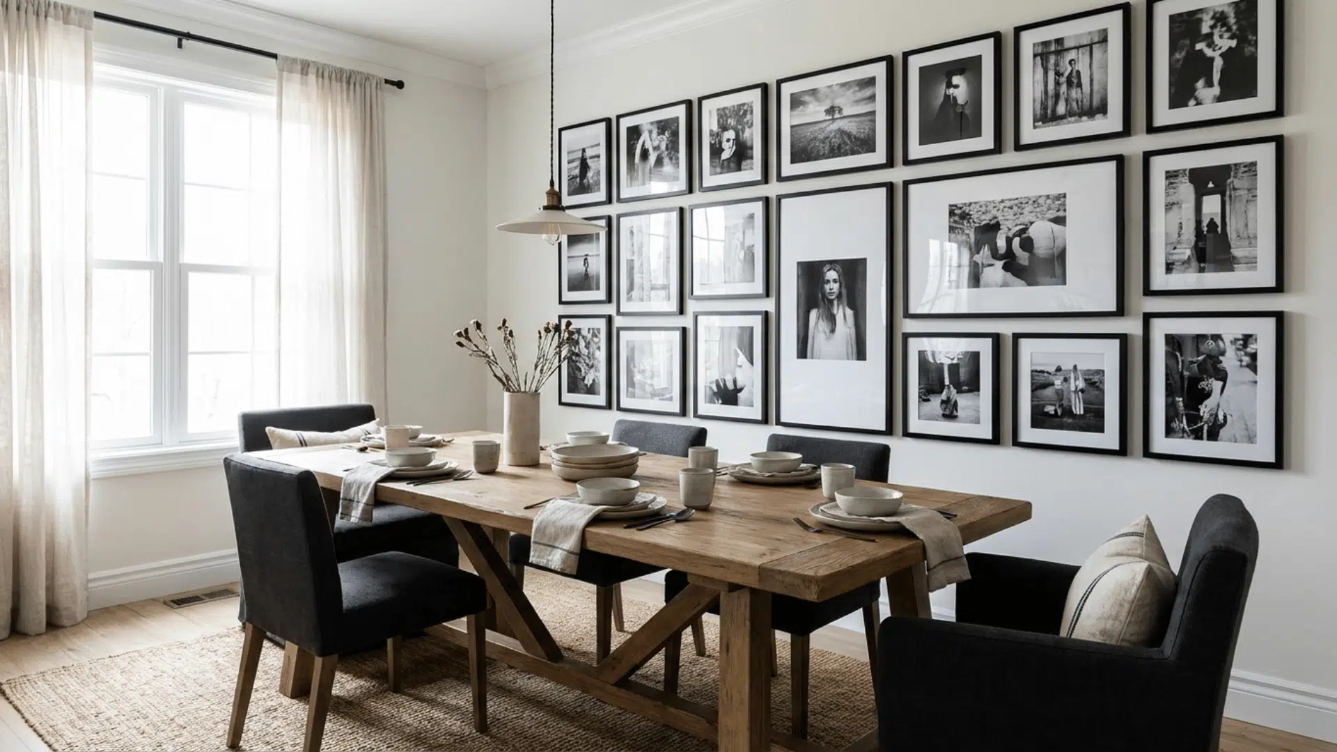 black and white photography gallery wall with matching black frames