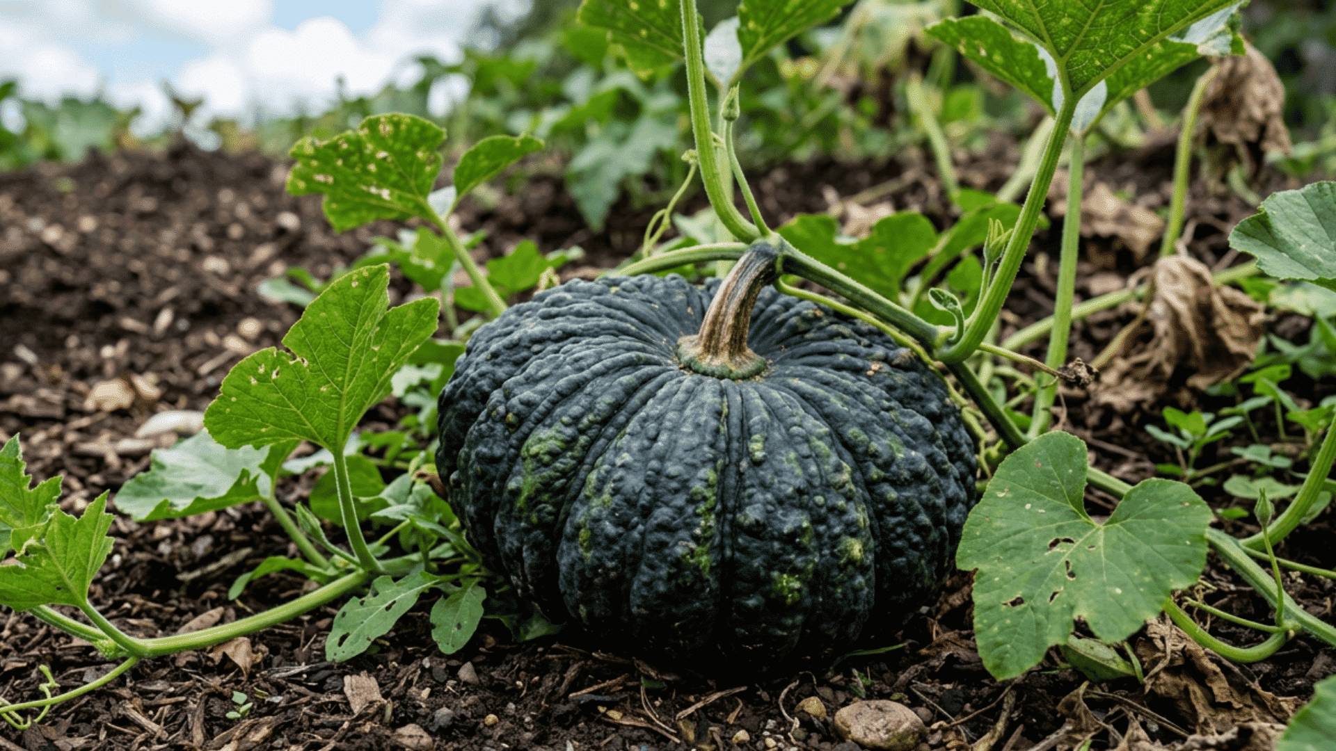 black futsu pumpkin growing on dark garden soil surrounded by green vines curling tendrils and broad leaves