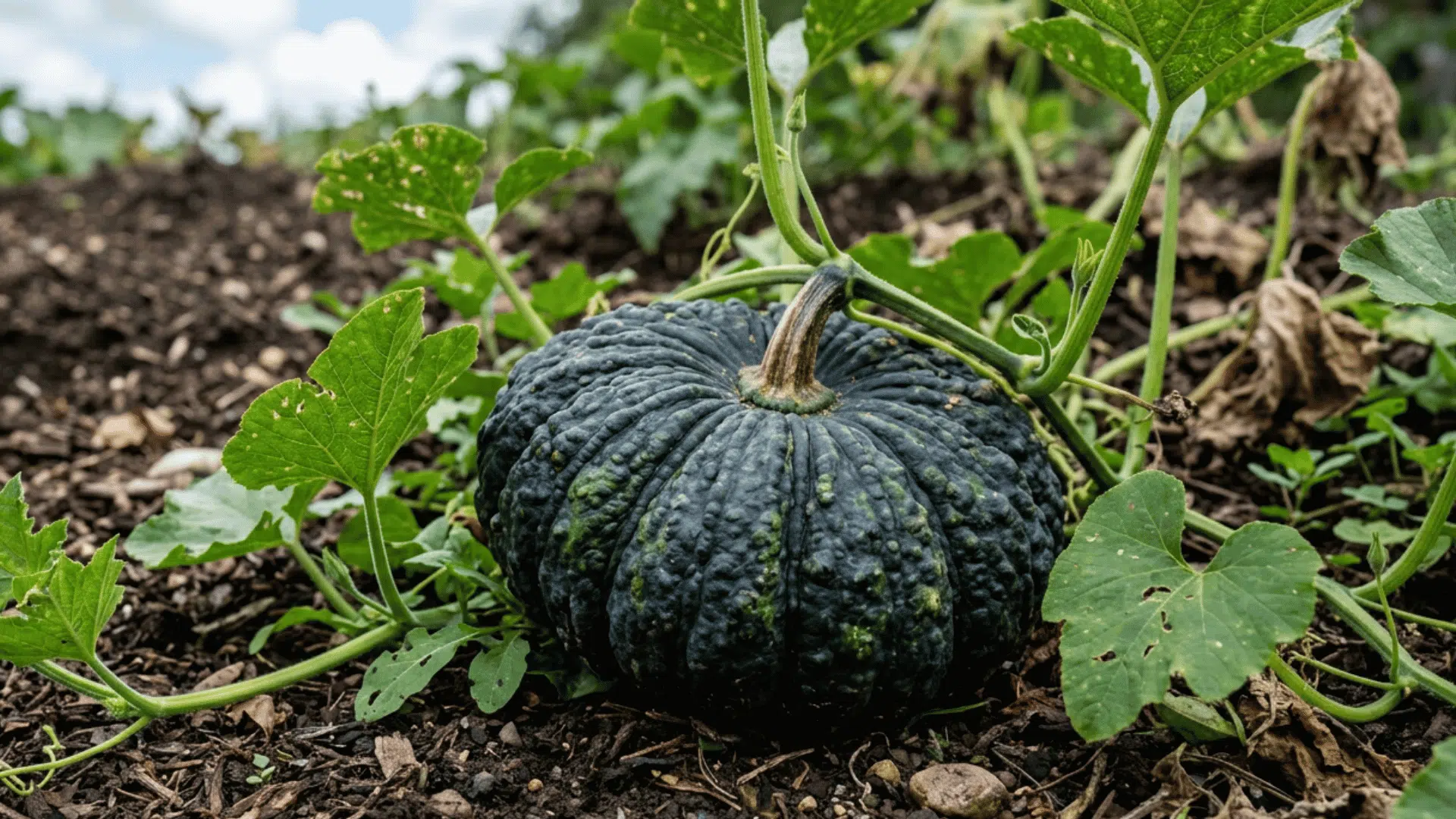 black futsu pumpkin growing on dark garden soil surrounded by green vines curling tendrils and broad leaves