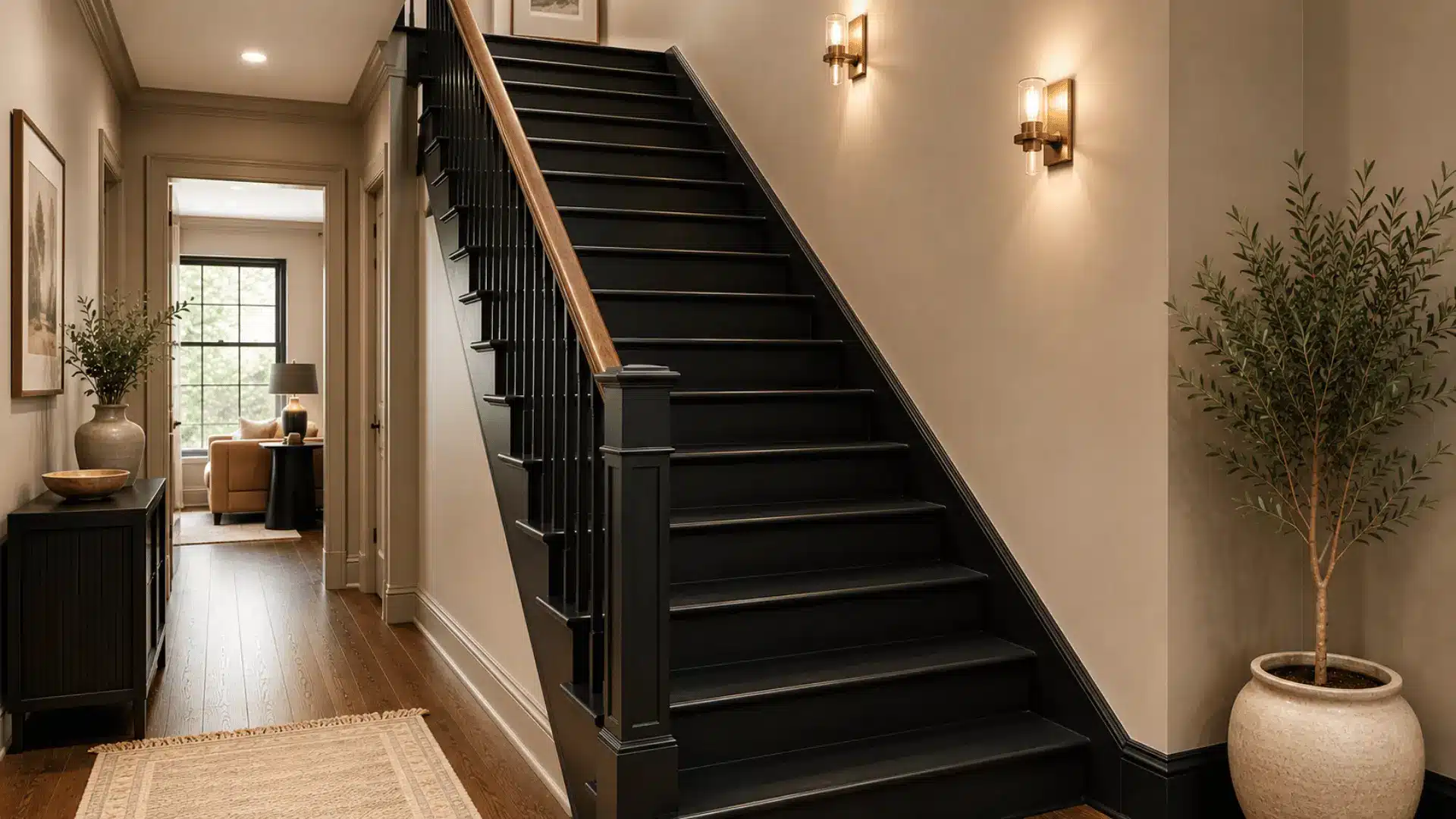 black painted staircase in a modern hallway with taupe walls brass sconces and dark floors