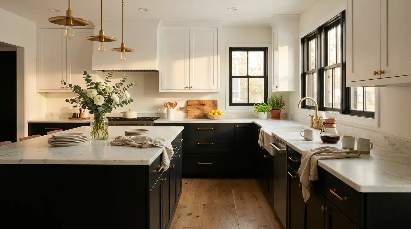 Black and white kitchen with brushed gold hardware, marble countertops, and cozy modern styling