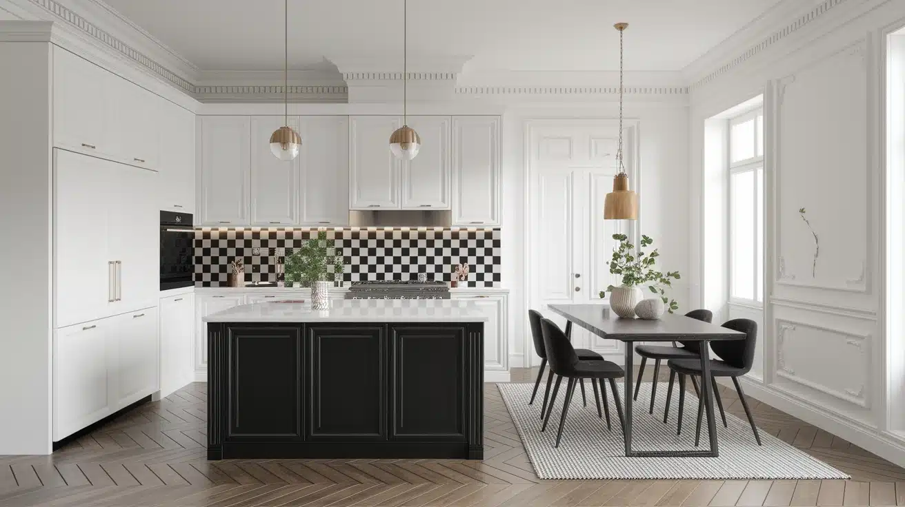 Black and white kitchen with checkerboard wall, matte cabinets, clean realistic apartment look