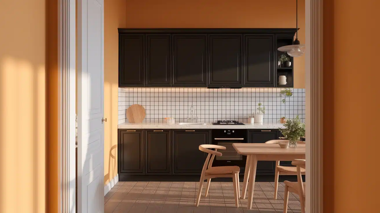 Black and white kitchen with matte cabinets, sink, stove, soft daylight, realistic corner angle view