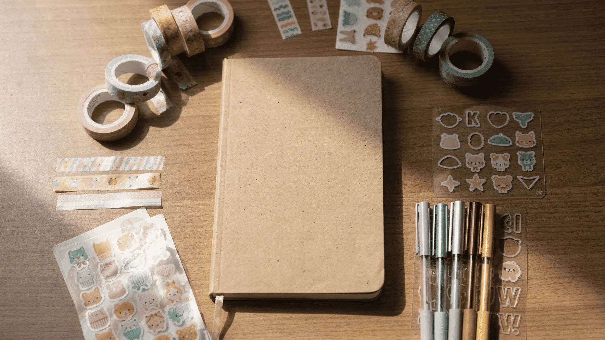 blank journal surrounded by washi tape, gel pens, stickers, and stencils on a desk