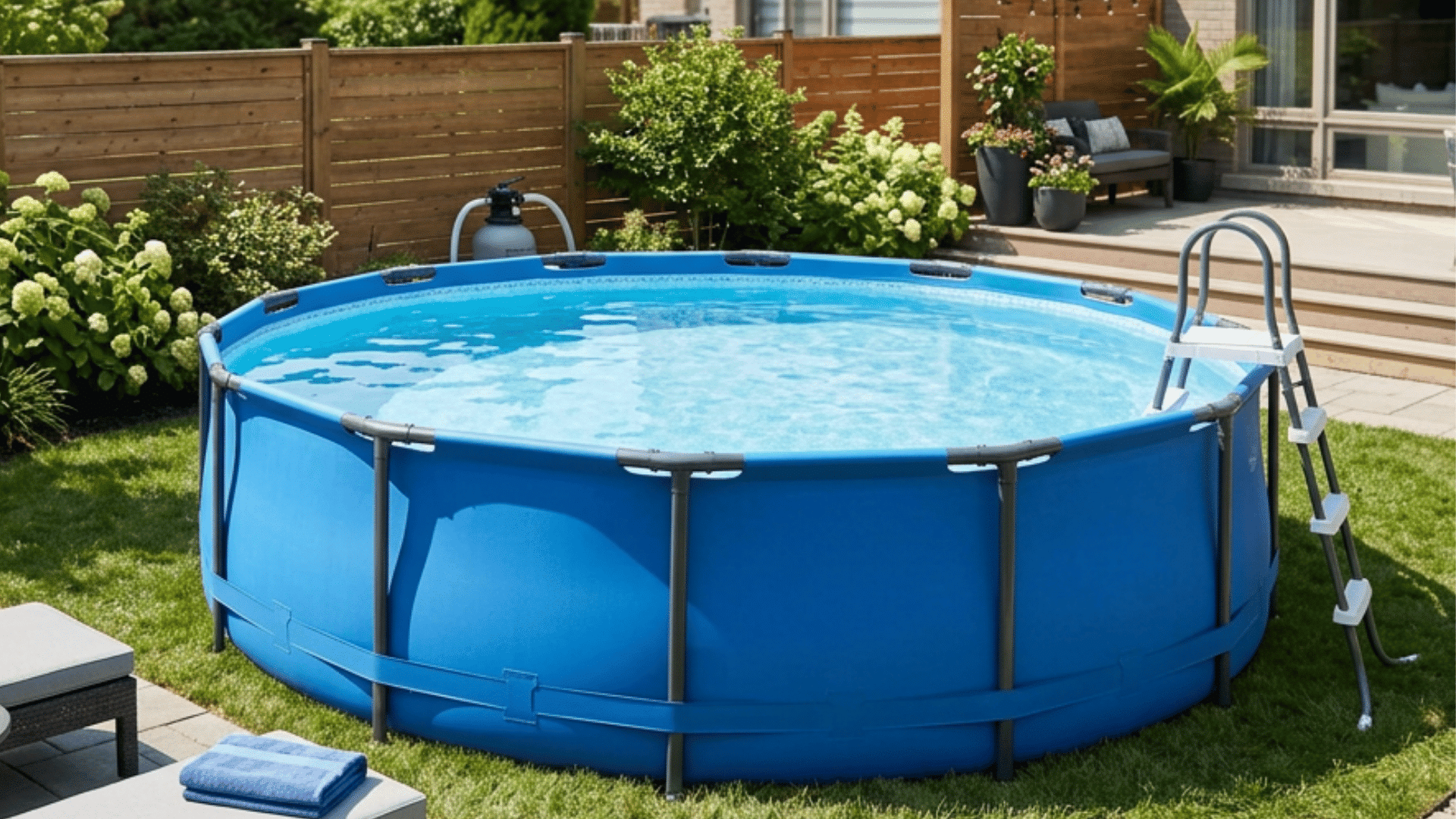 blue above ground pool beside patio loungers and a ladder in a fenced backyard by a modern home