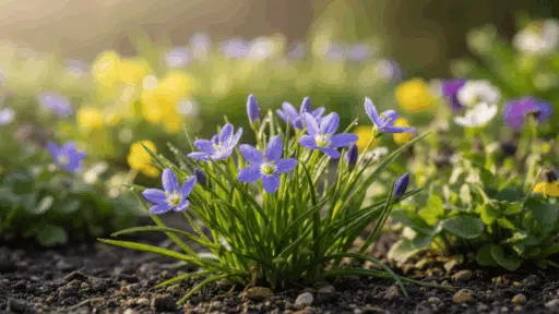 Blue eyed grass flowers with soft purple-blue petals and yellow centers growing in garden soil during warm morning sunlight