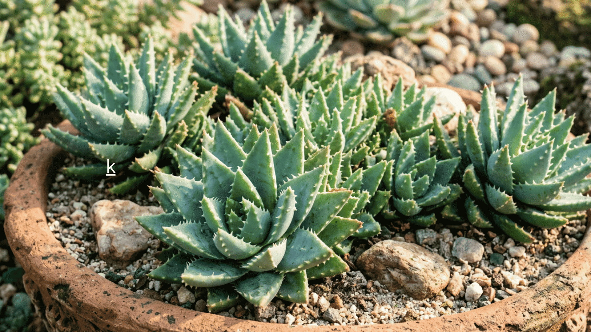 blue green succulents in a shallow ceramic planter filled with sandy soil and stones