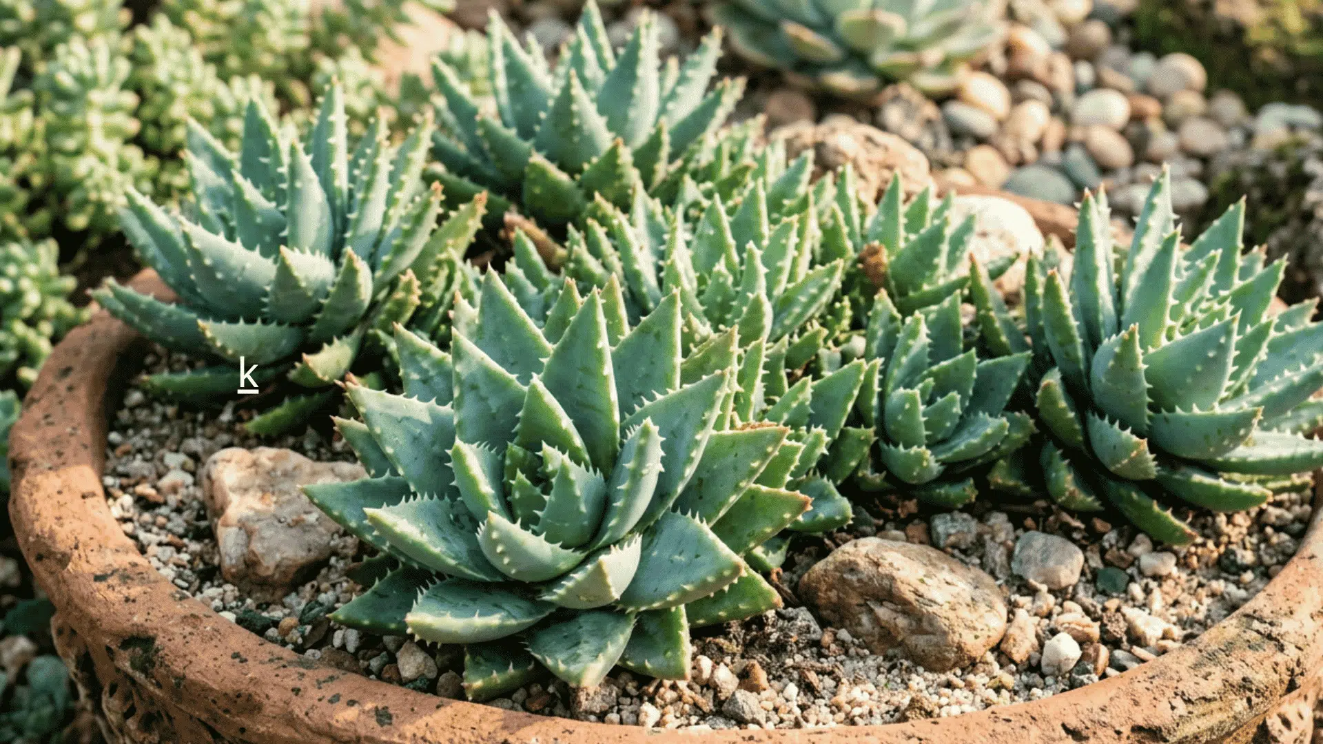blue green succulents in a shallow ceramic planter filled with sandy soil and stones
