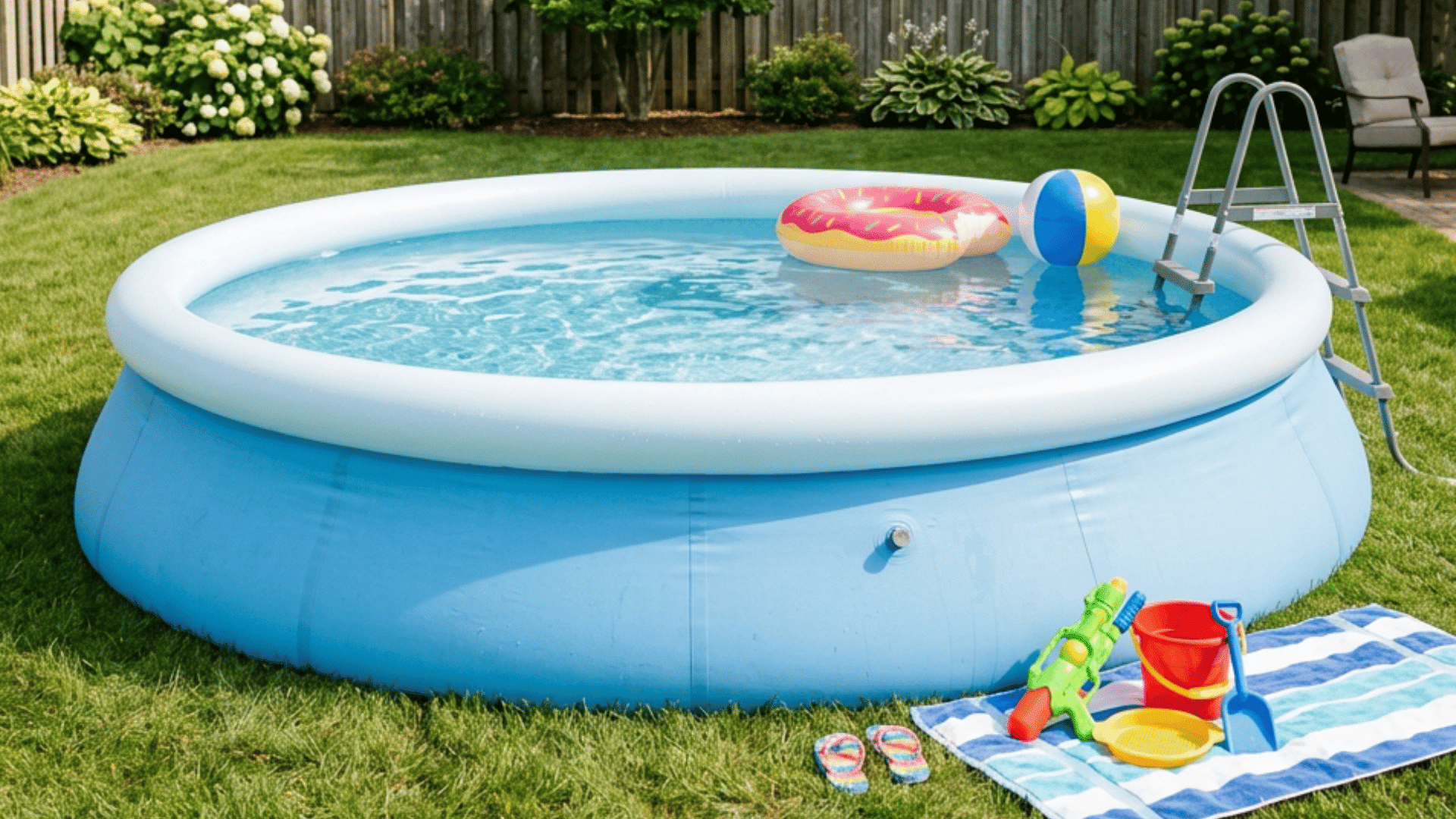 blue inflatable pool in a backyard with floating toys a ladder towel and sand toys on the grass