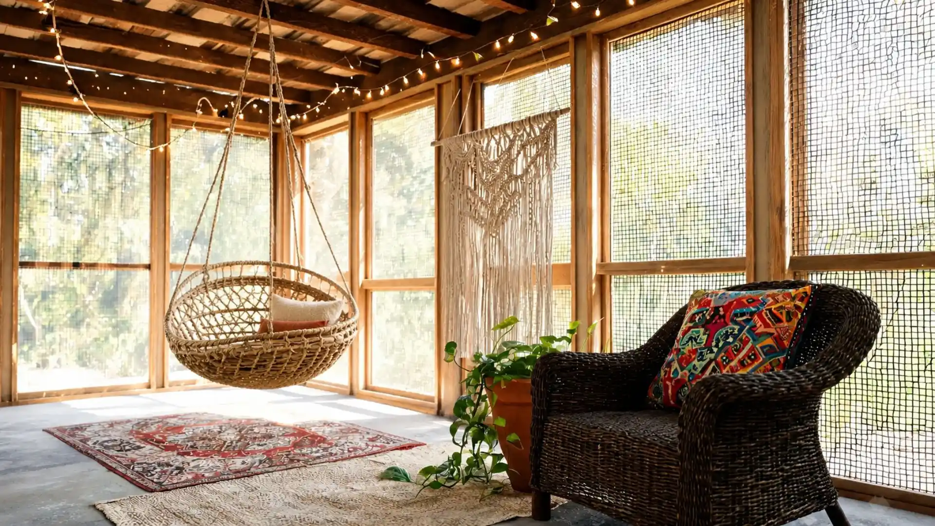 ceiling-hung rattan basket chair with terracotta cushions beside a dark wicker armchair on layered rugs