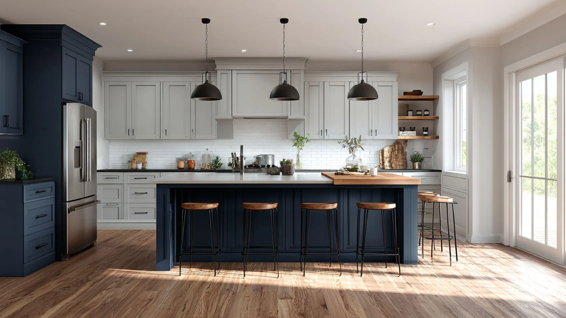 bold navy blue painted kitchen island with wood bar stools contrasting against white perimeter cabinetry