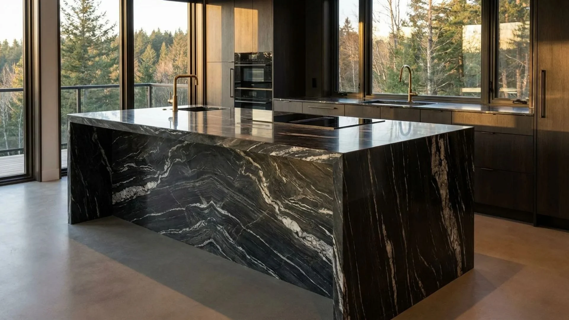 bookmatched stone waterfall sides on dramatic black marble kitchen island with gold faucets