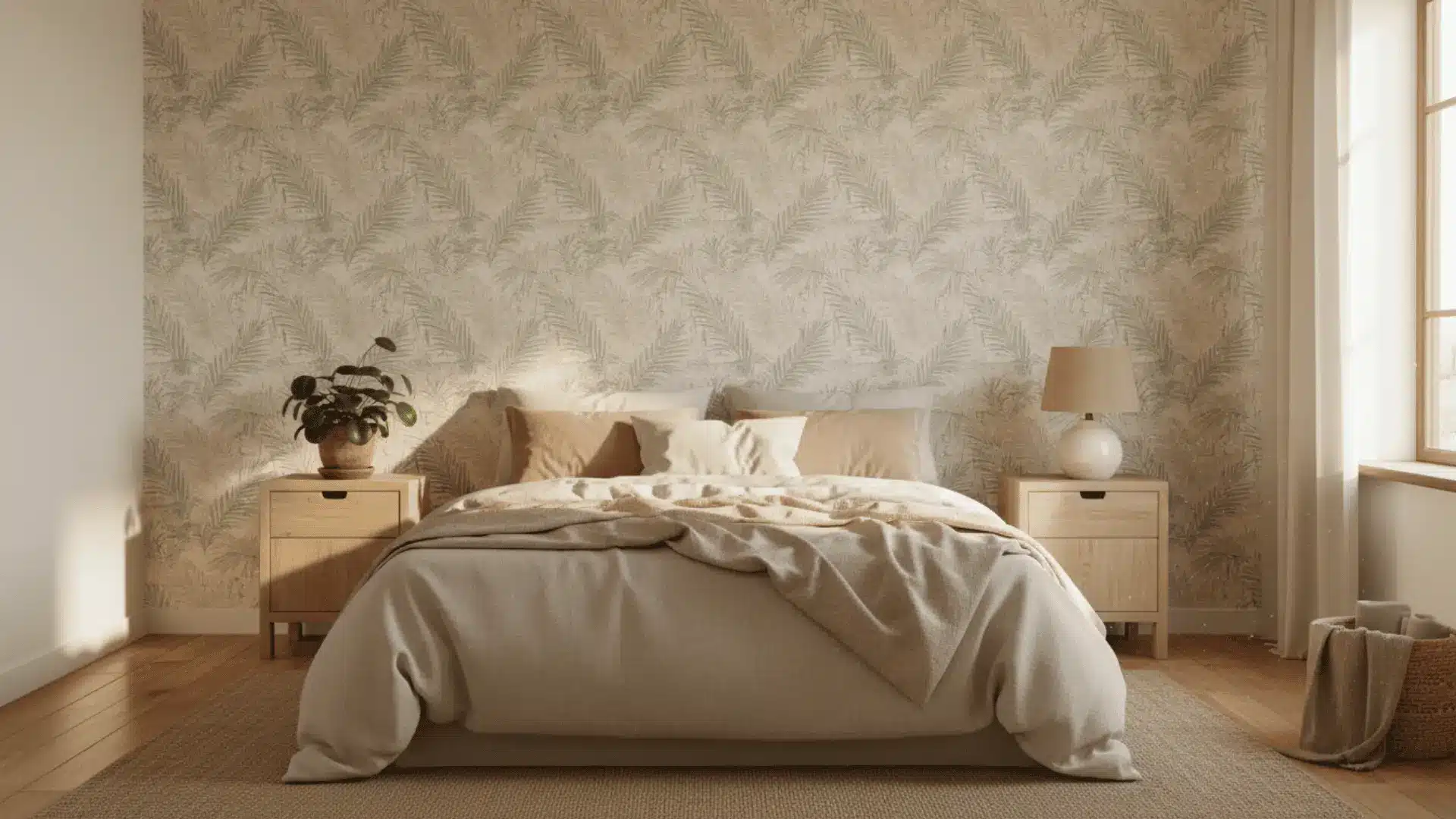 a serene bedroom with palm patterned wallpaper soft bedding wooden side tables sunlight and a potted plant