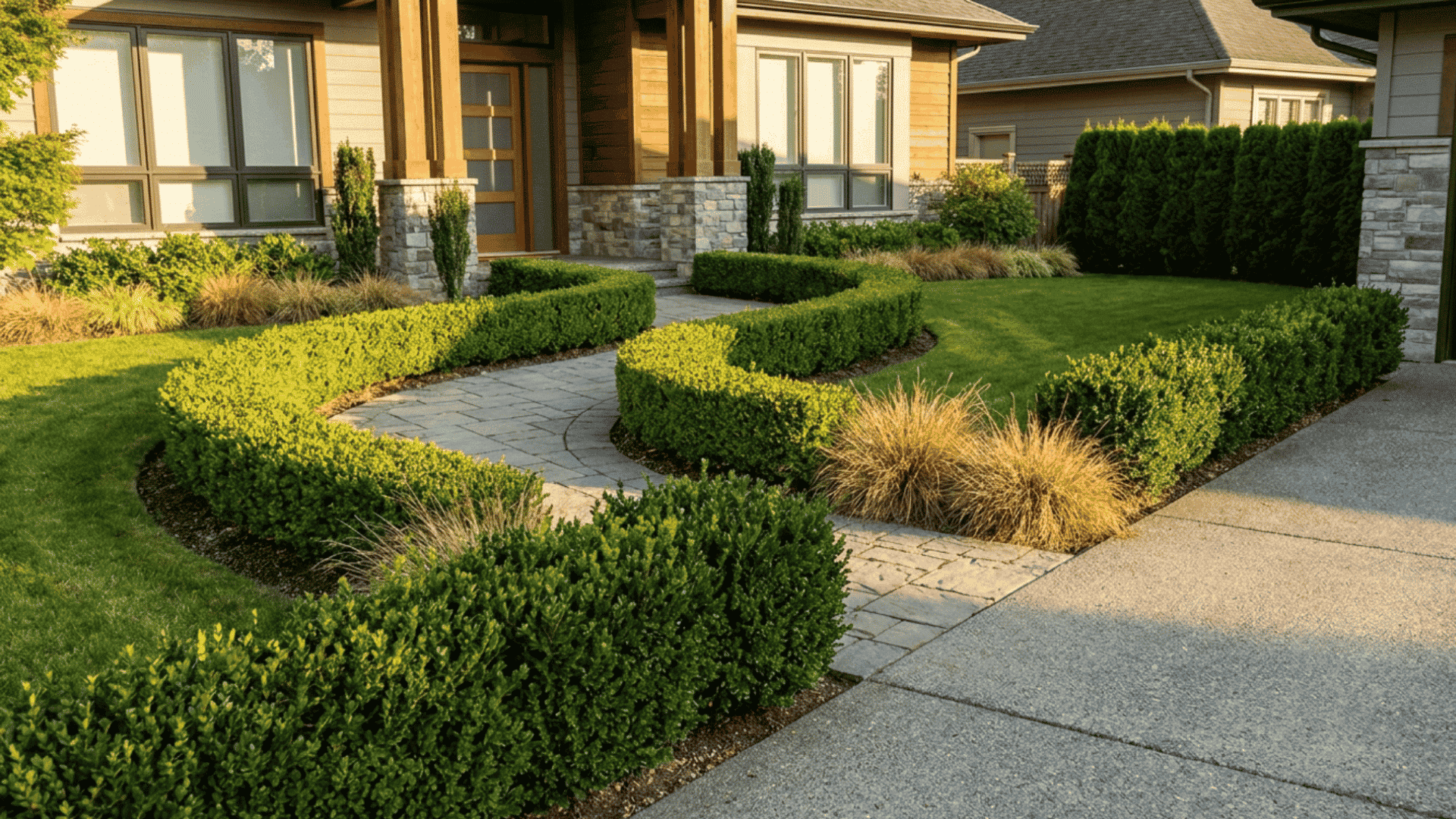 Boxwood neat green shrubs along sunny front yard stone walkway with clean landscaping design