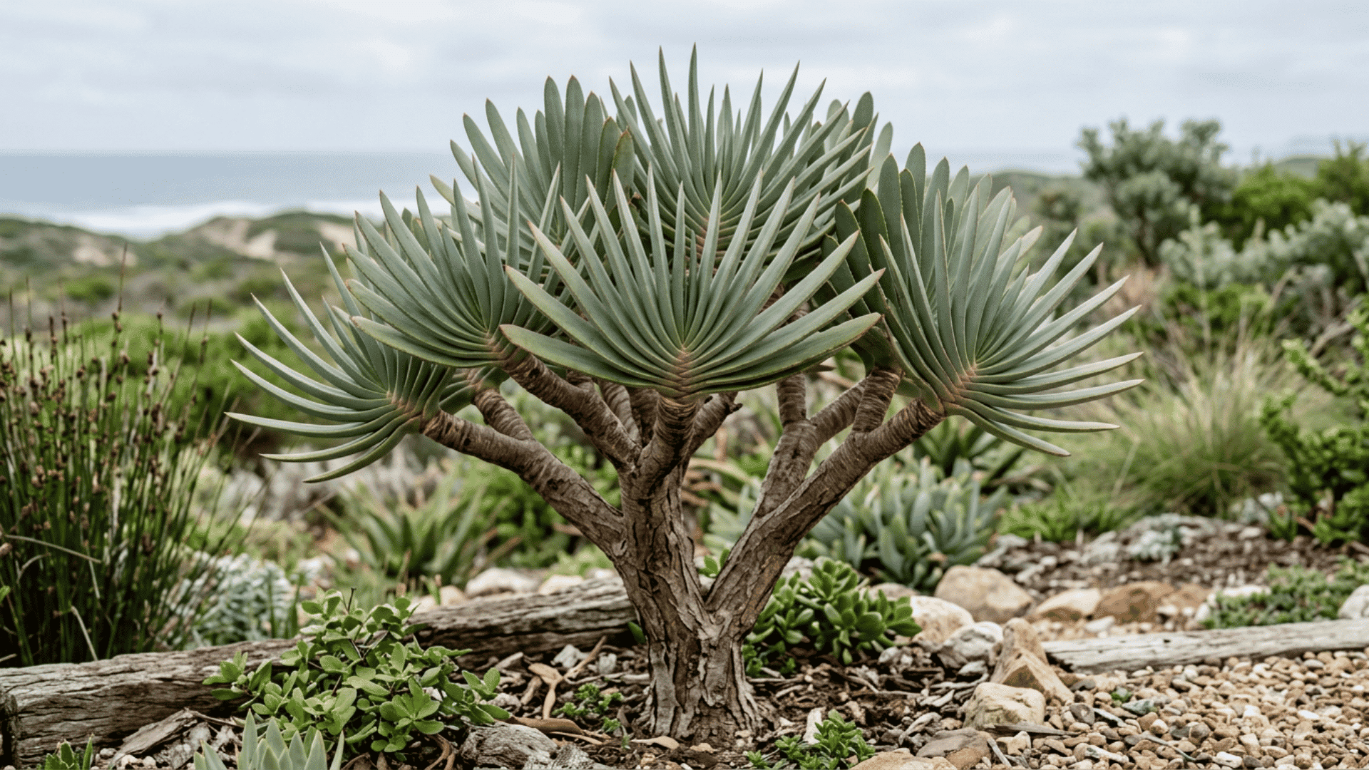 branched blue green succulent tree in a rocky coastal garden with ocean and hills blurred in the background