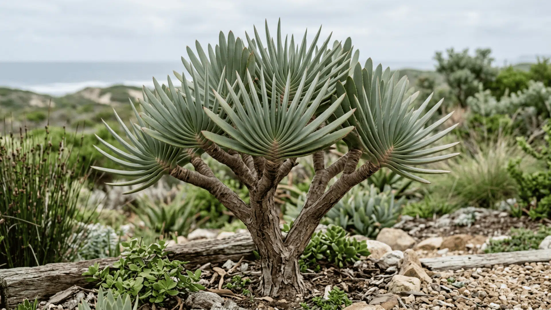 branched blue green succulent tree in a rocky coastal garden with ocean and hills blurred in the background