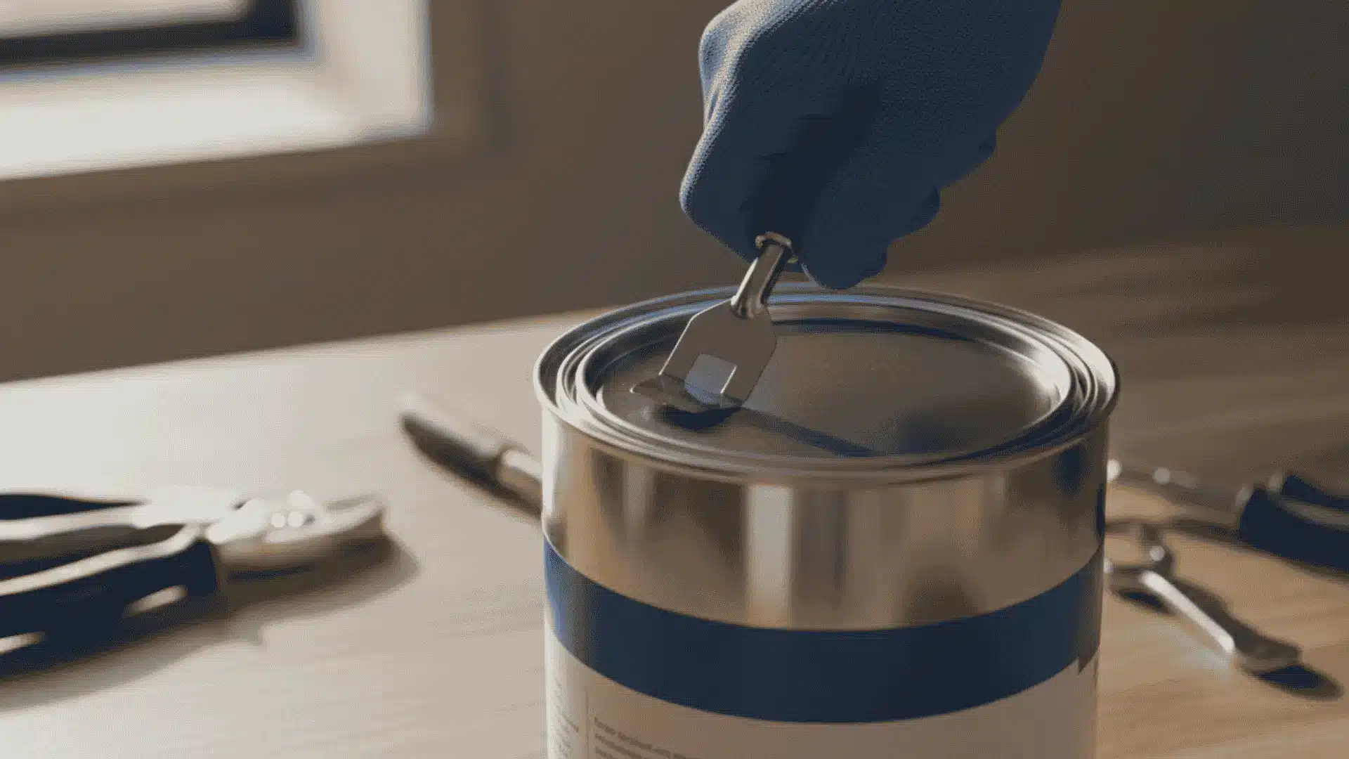 gloved hand lifting a paint can lid slowly with opener while tools rest on a wooden work surface