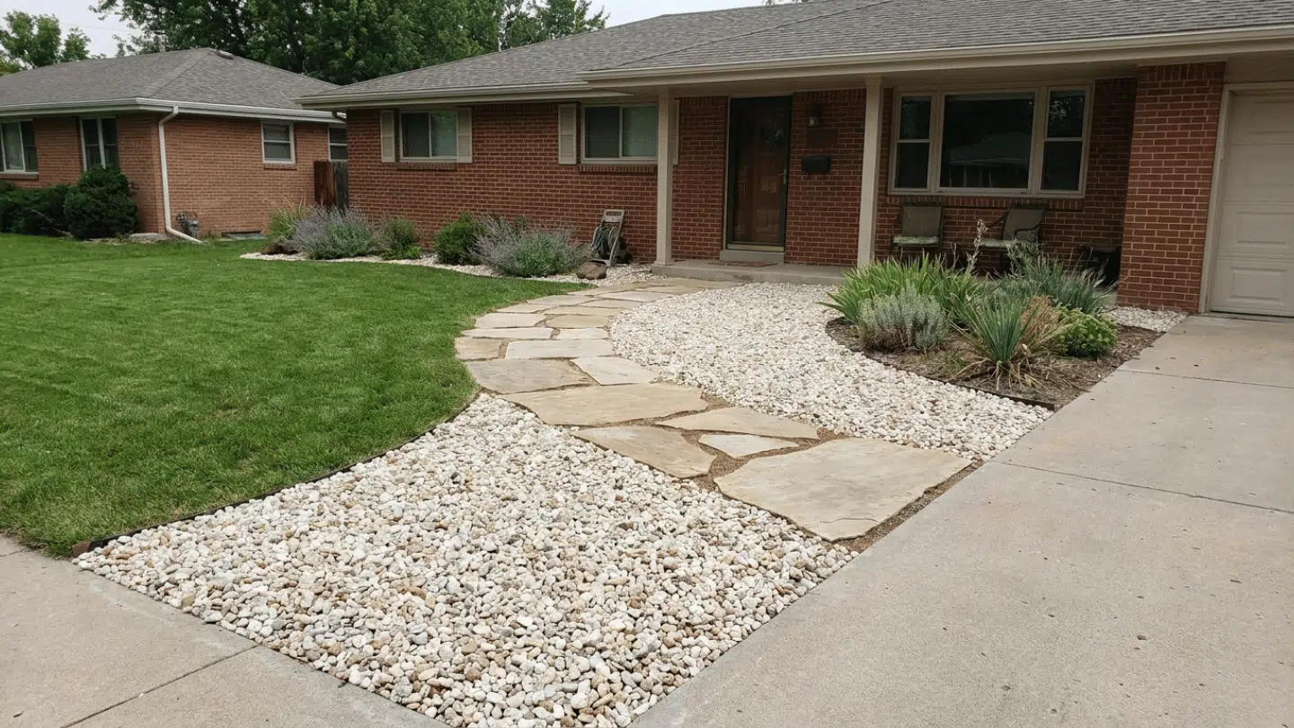 brick suburban house with curved stone walkway white gravel landscaping and green lawn beside driveway