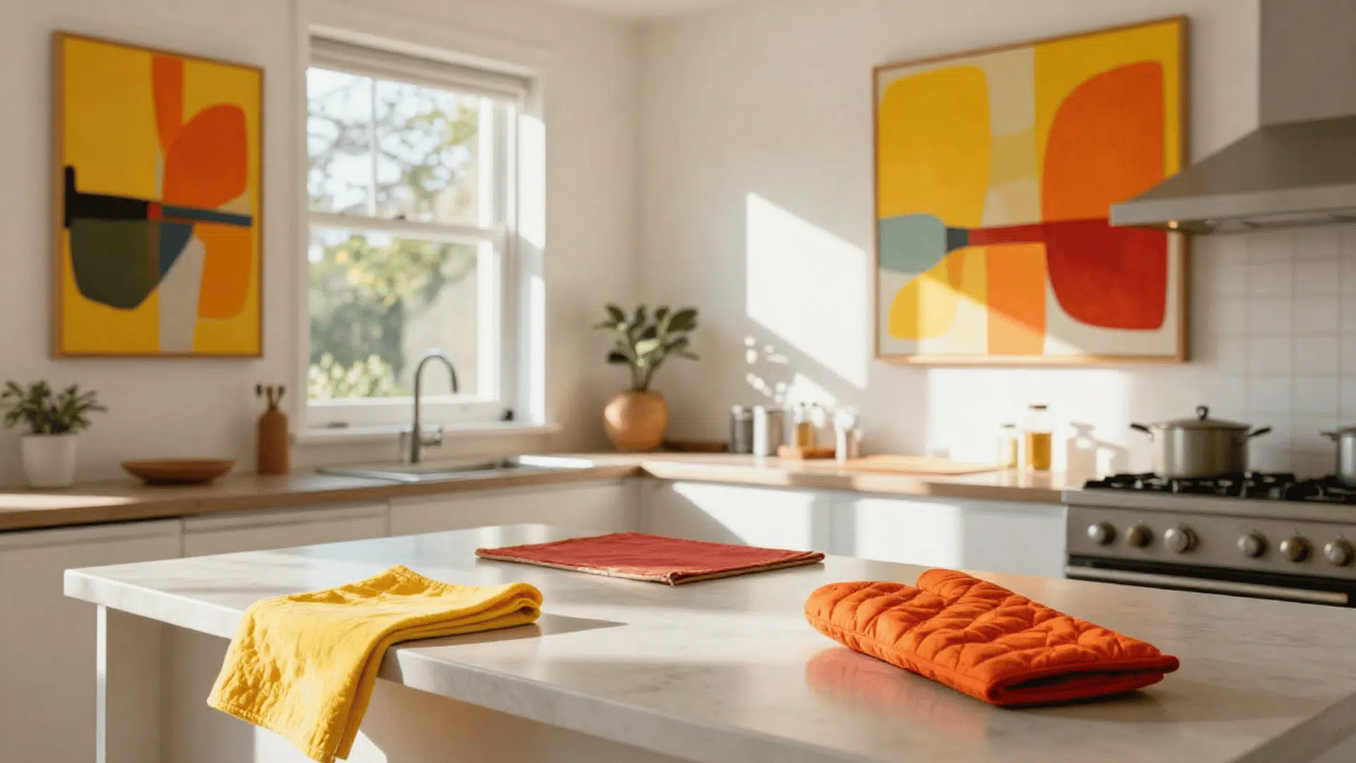 bright and modern kitchen with abstract art on the walls a marble island with a yellow cloth