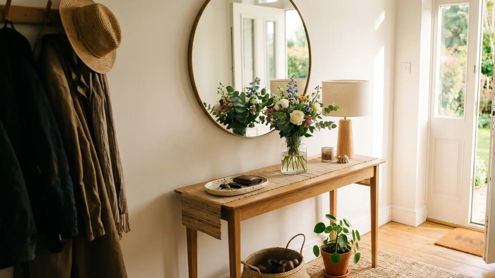 Bright entryway featuring a wooden console table with fresh flowers, a round mirror, hanging coats, and an open white door leading to a garden