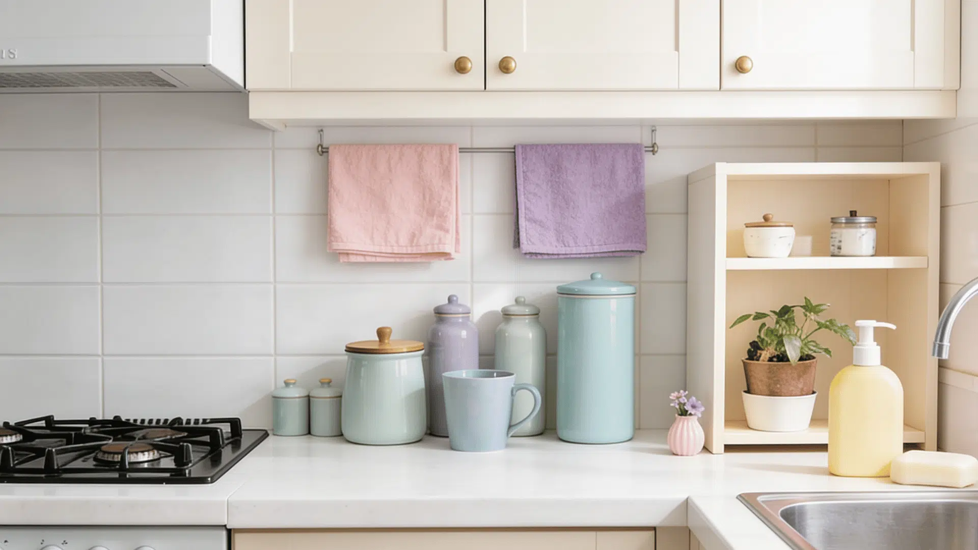 bright kitchen counter with pale pink dish towel mint green ceramic canister and light blue mug in soft spring morning light