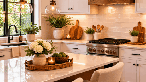bright modern kitchen with floral centerpiece candle decorative greenery and warm lighting on white countertops and island tray decor