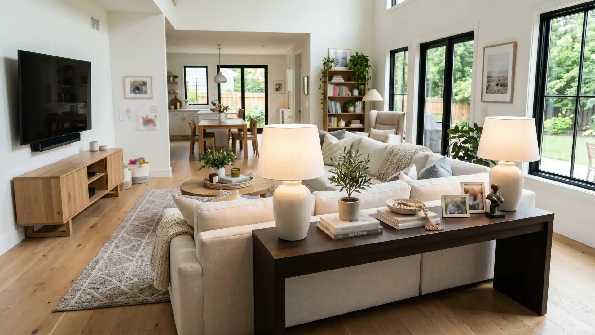 Bright, open living room featuring white walls, light wood floors, a large white sectional sofa, and black-framed windows overlooking a green yard, with a dining area visible in the background