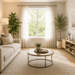 bright small living room with neutral decor large mirror high curtains and natural light for an open spacious feel