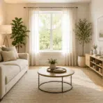 bright small living room with neutral decor large mirror high curtains and natural light for an open spacious feel