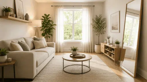 bright small living room with neutral decor large mirror high curtains and natural light for an open spacious feel
