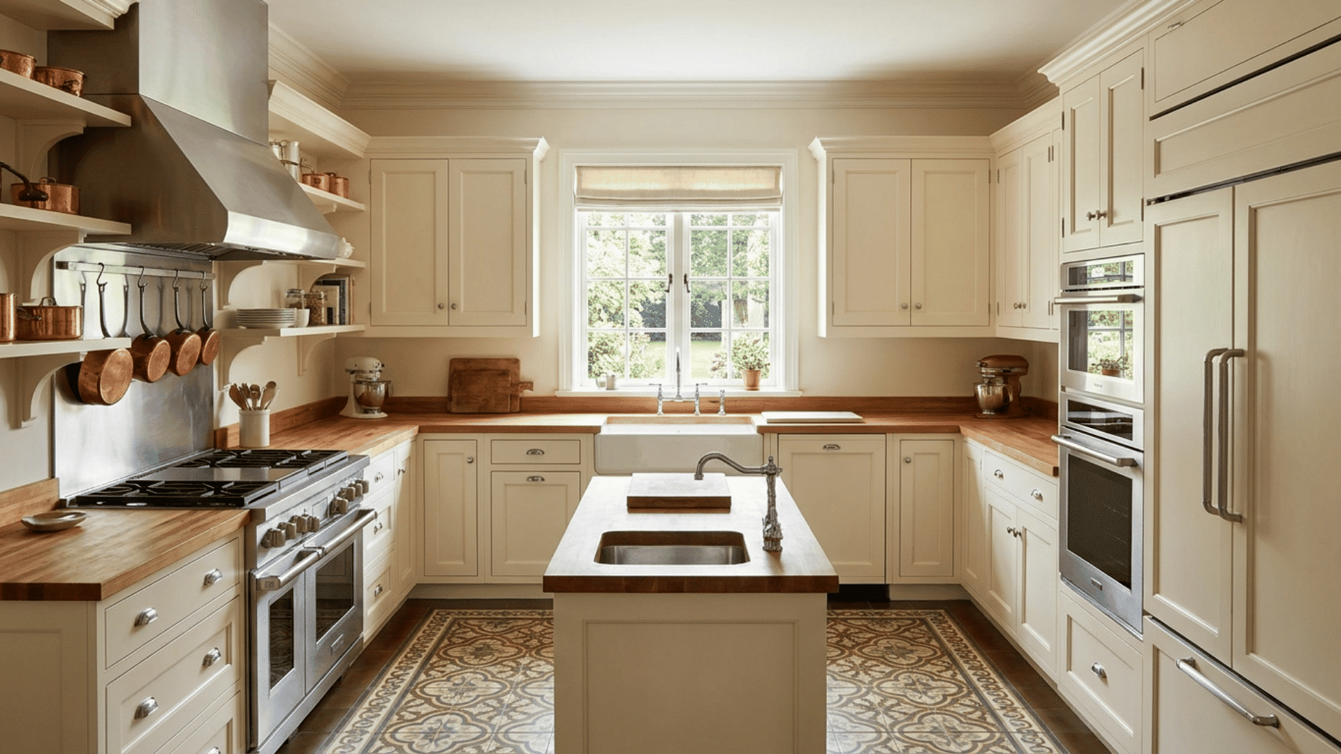 Bright U-shaped kitchen with cream cabinets, wooden countertops, a central island with sink, stainless steel appliances, and patterned floor tiles under a large window.