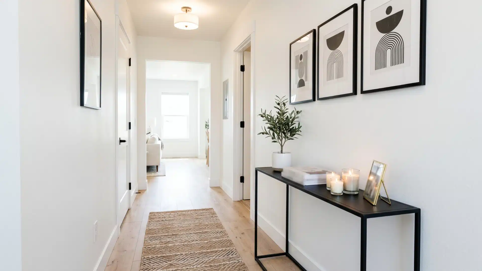 Bright white entryway hallway featuring a black metal console table styled with candles, a framed photo, and a potted olive tree beneath three black and white abstract art prints