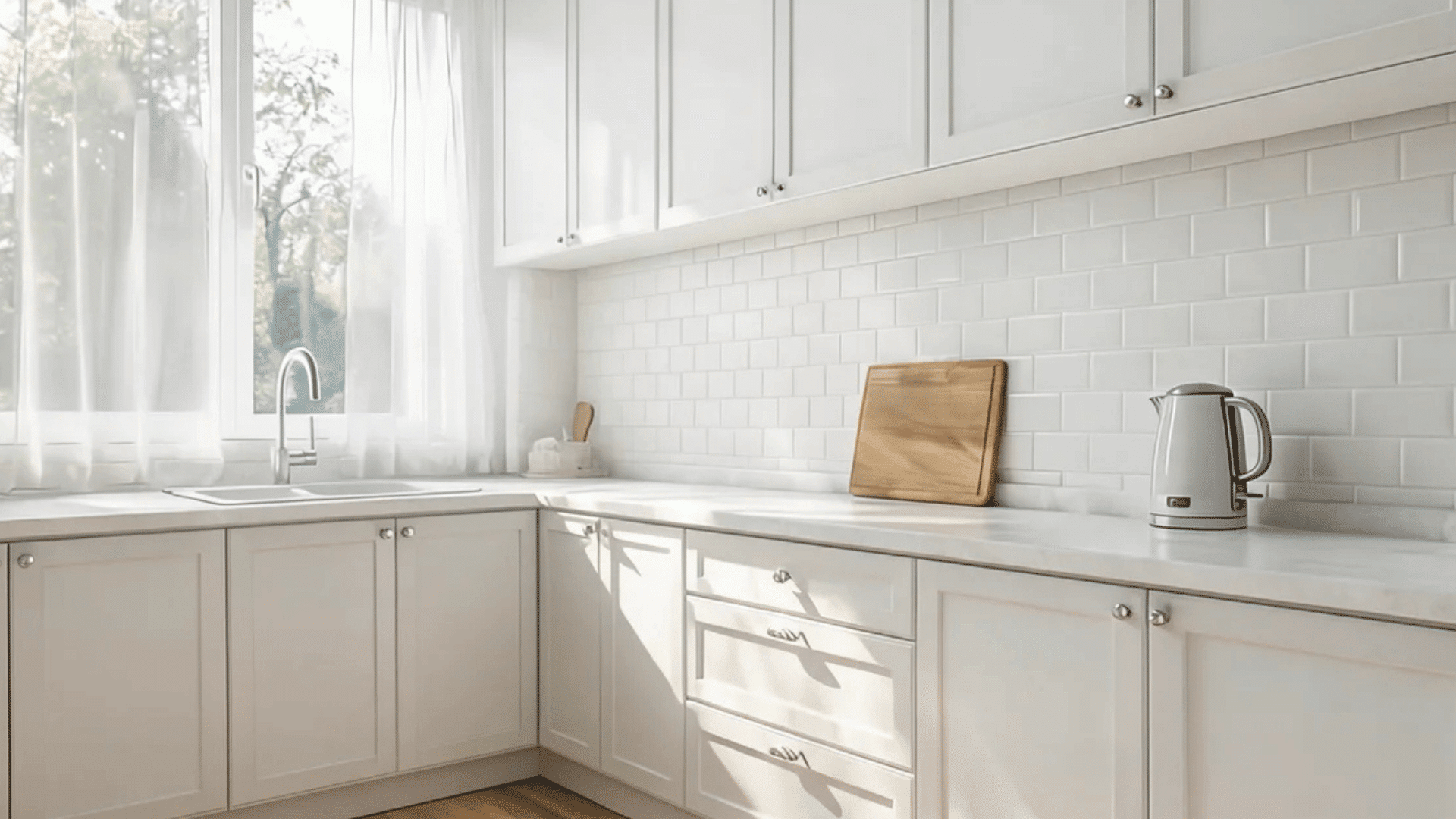bright white kitchen with wooden floor marble countertop kettle and cutting board