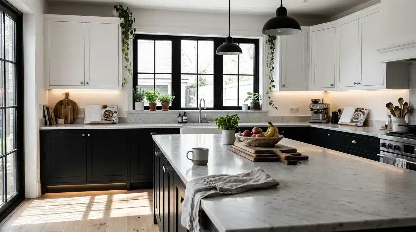 Bright black and white kitchen with natural sunlight, marble island, black pendant lights, and cozy lived-in styling