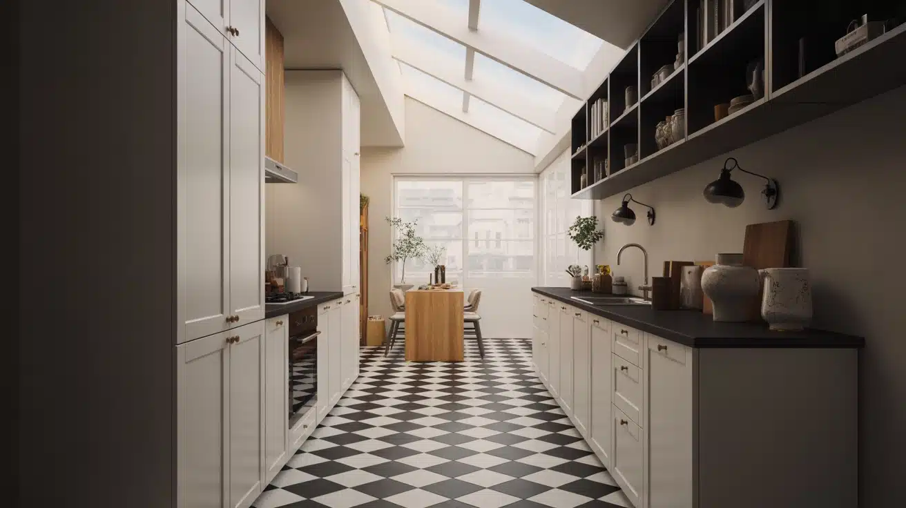 Bright white kitchen with matte black hardware, warm herringbone floors, and soft natural sunlight