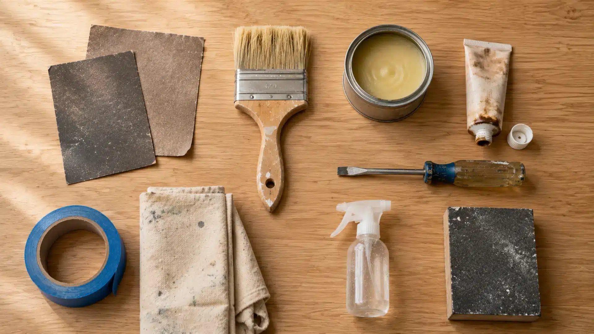 a detailed top-down flat lay on a warm light oak wooden table showing a beginner furniture flipping toolkit including two sheets of sandpaper in different grits, a natural bristle paintbrush, a small tin of finishing wax, a tube of wood filler with the cap off, a flat head screwdriver, a roll of blue painter's tape, a folded drop cloth, a small spray bottle, and a sanding block, all slightly worn and used looking under soft diffused natural light