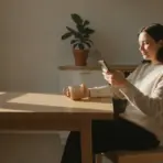 Young woman in cozy kitchen holding smartphone and steaming mug, with a potted plant nearby